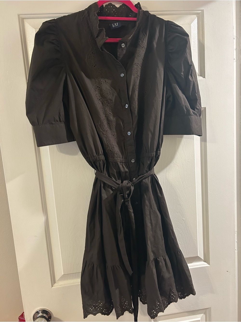 GAP Dark Brown Eyelet Mini Dress with Tie Waist